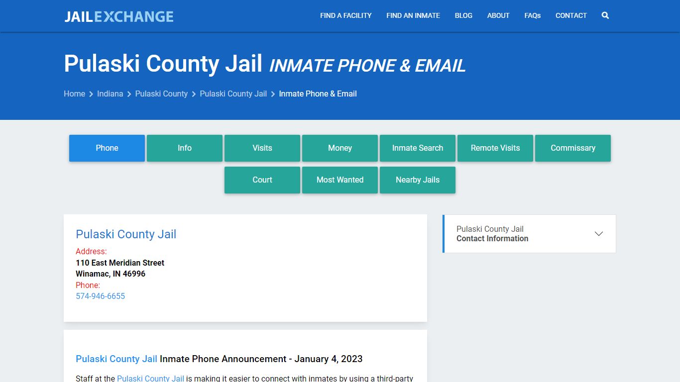 Inmate Phone - Pulaski County Jail, IN - Jail Exchange
